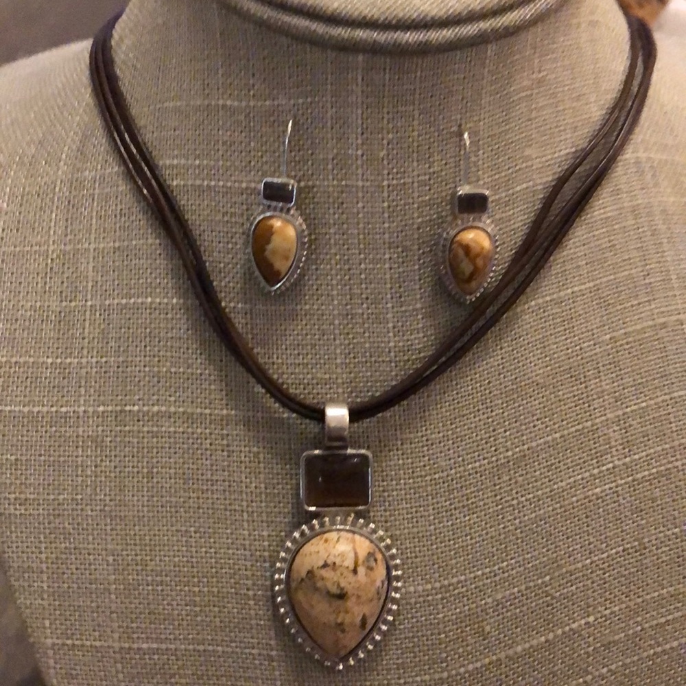 Amber & Stone Necklace And Earrings